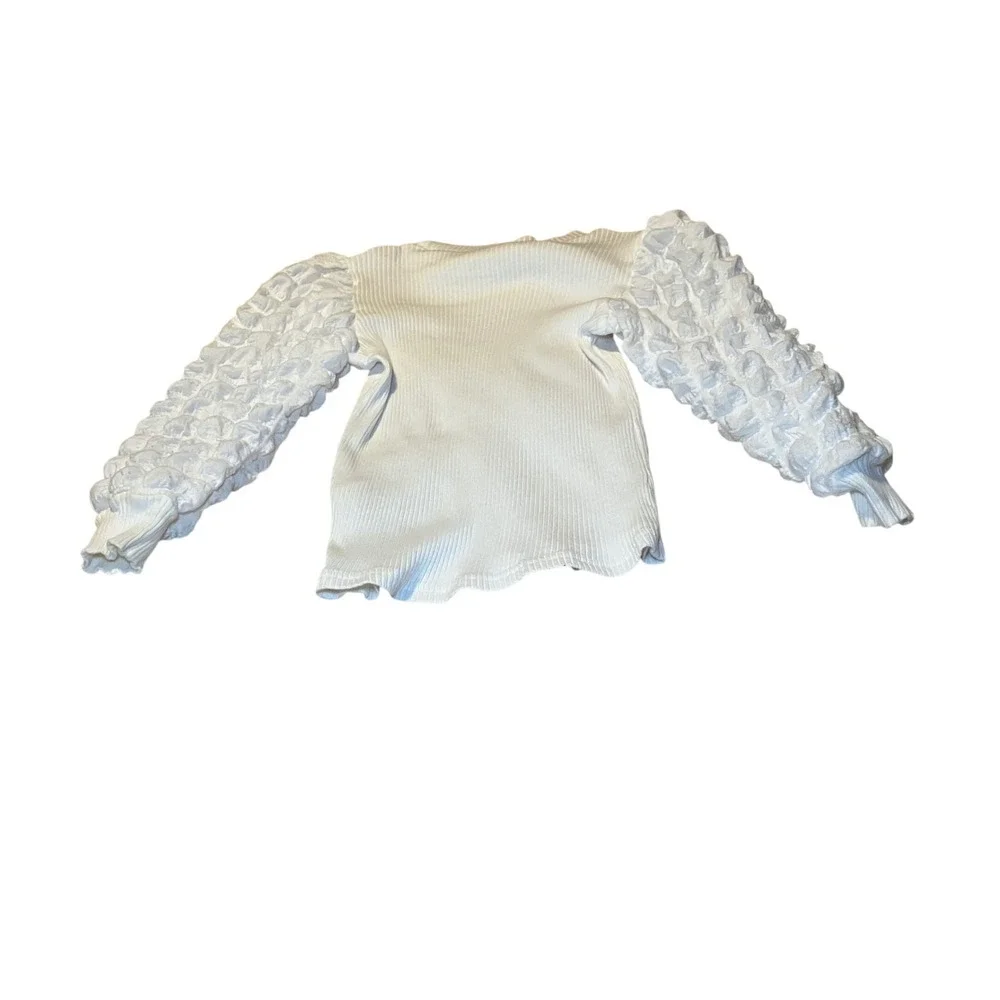Kids Girls Size 6 White Ribbed Ruffle Sleeve Top Plaid Bow Skirt Outfit Set